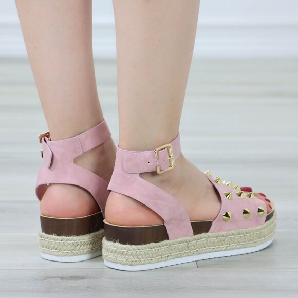 Pink Platform Espadrille Sandals Gold Studded Ankle Strap Open Toe - Picture 13 of 13
